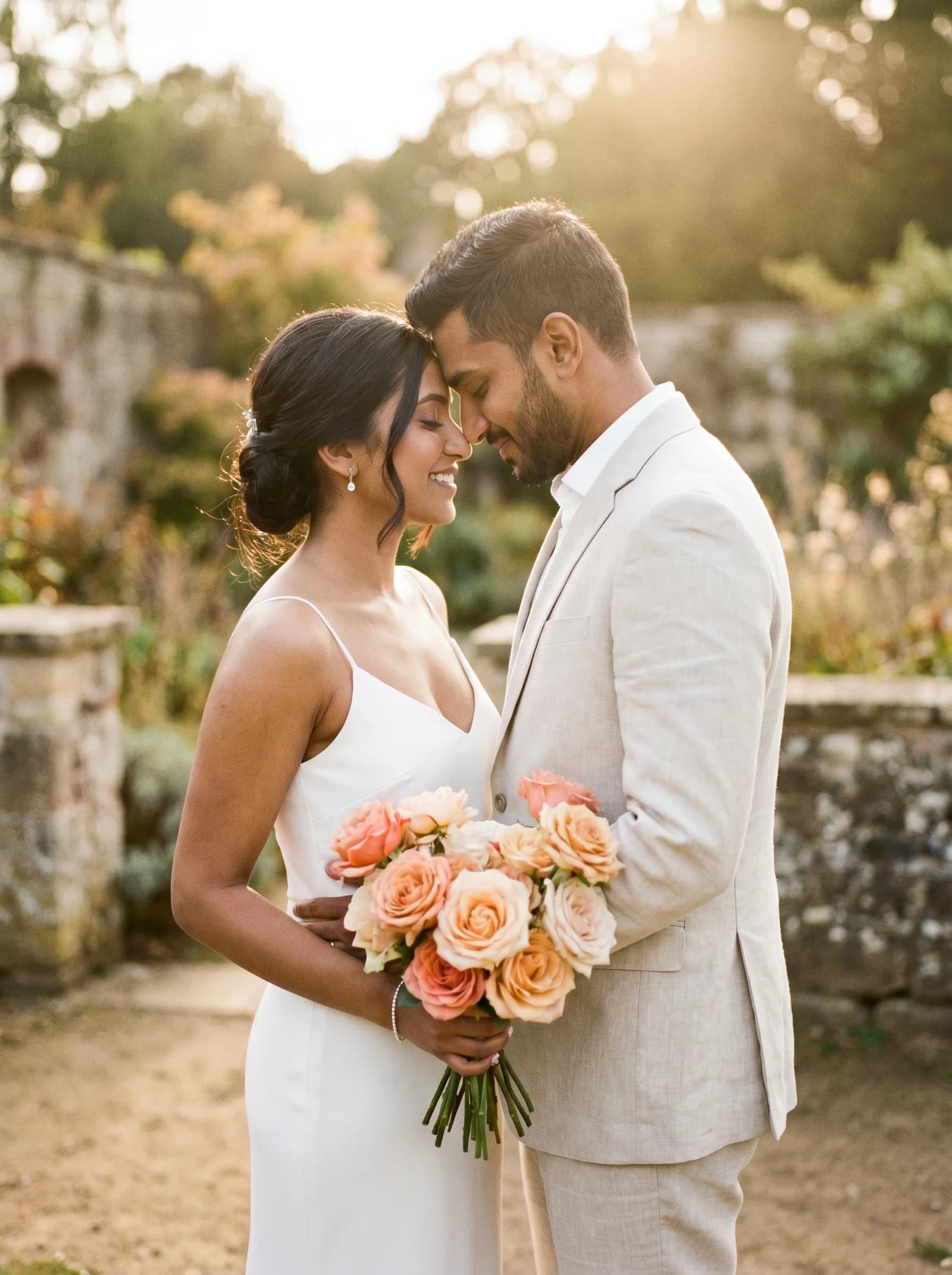 Couple grinning at their phone · golden hour